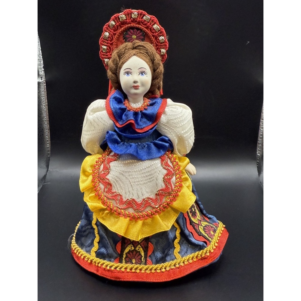 Vintage Russian Folk‎ Costume Doll Kokoshnik Porcelain Face Souvenir Display 7"